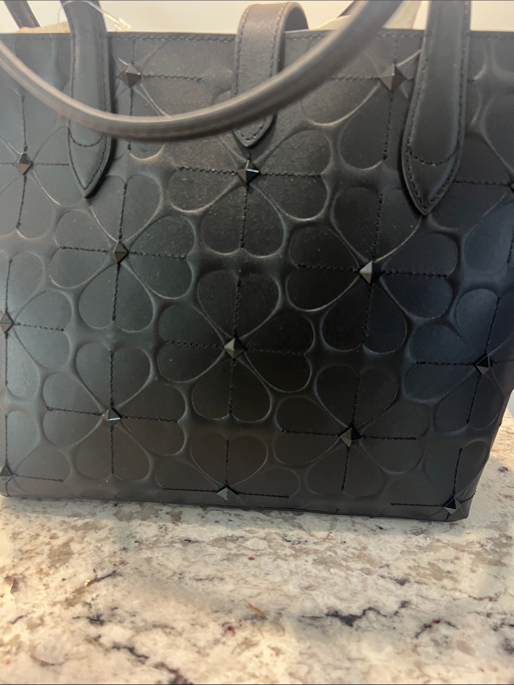 Vintage Kate Spade Black Floral-Embossed Tote with Clover Charm - Picture 3 of 7